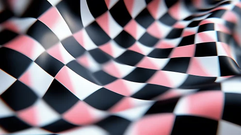Undulating pink and black checkerboard surface creates motion