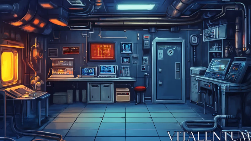 Midnight control bunker hums with neon circuitry and secrets.