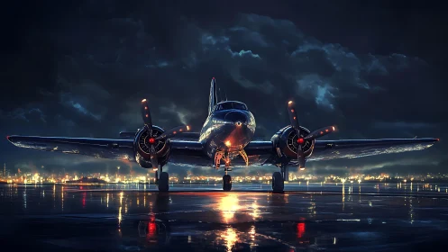 Nocturne prop liner poised on rainlit runway of sparks.