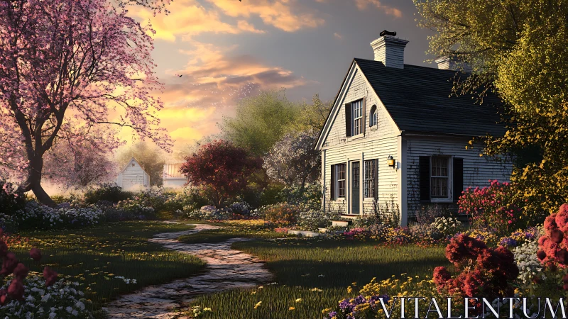 Country cottage at sunset amid dense spring garden.