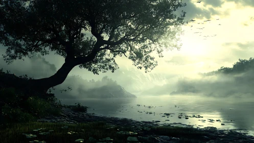 Solitary lakeside tree silhouettes against misty sunrise glow