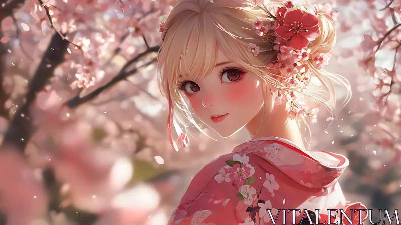 Anime girl in pink kimono among soft-focus cherry blossoms.