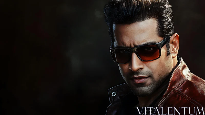 Cinematic portrait of man in sunglasses with leather jacket