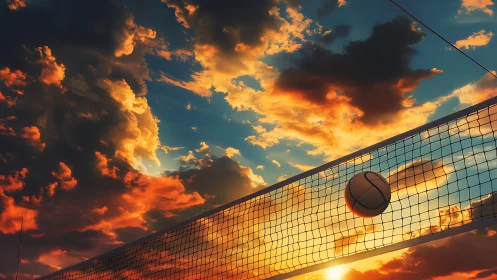 Sunlit volleyball net cuts across a blazing sunset sky