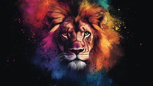 Majestic lion portrait burns through cosmic neon darkness