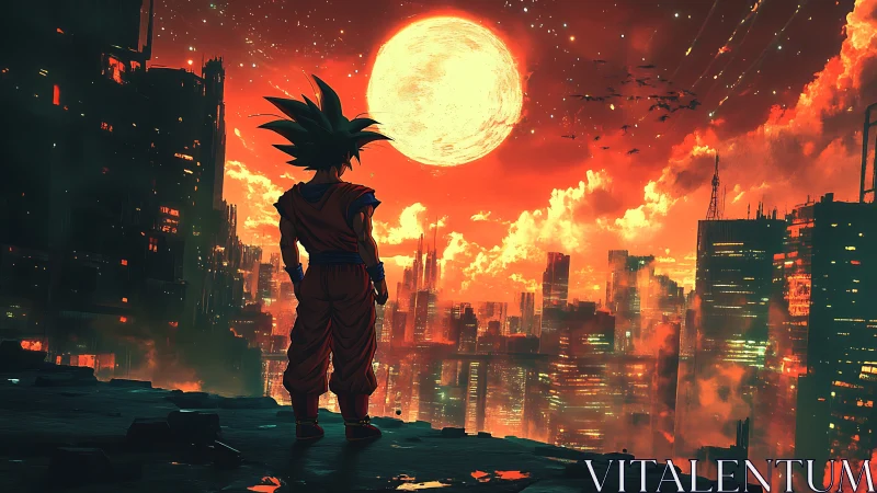 Spiky haired figure overlooks burning futuristic city at dusk