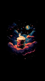 Cosmic coffee cup floats through neon clouds at night sky