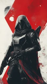 Armored sci fi sentinel stands before stark red geometric field