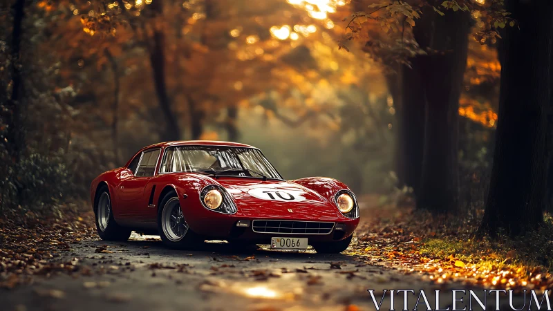 Vintage red race car under golden autumn canopy on road.