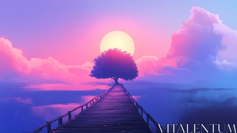 Luminescent boardwalk leading to solitary tree at neon sun.