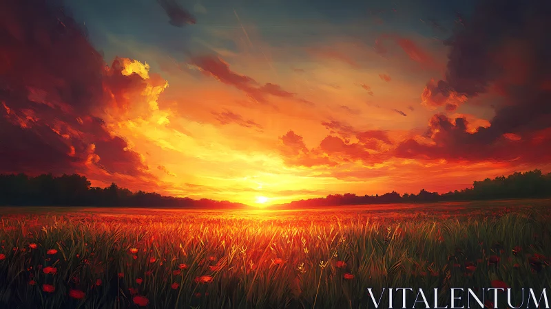 Sunlit poppy field under blazing painted sunset sky.