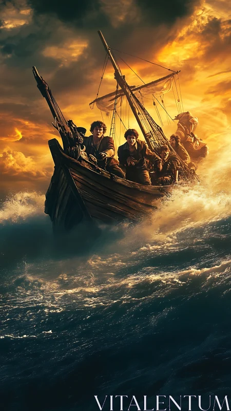 Cinematic digital seascape of storm-tossed wooden longboat crewed youth adventurers.