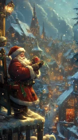Santa figure on rooftop above illuminated snowy village scene.
