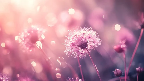 Pink Dandelion Seed Heads With Soft Bokeh Lights.