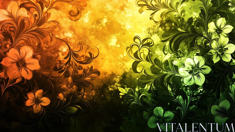 Glowing floral swirls where warm sunset meets forest green.