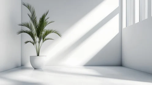 Sunlit palm drifts through a quiet white minimal corner.