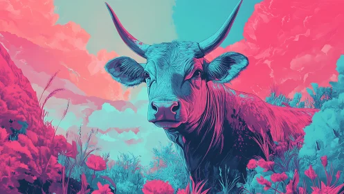 Neon twilight bull gazes through electric dream meadow.