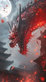 Red-scaled dragon arcs above dark city under full moon