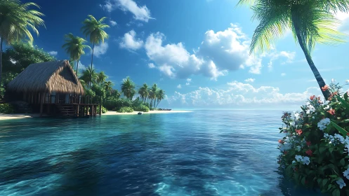 Tropical Island Lagoon with Thatched Bungalow Resort.