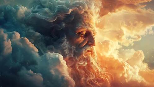 Atmospheric deity portrait with volumetric clouds and light fields.