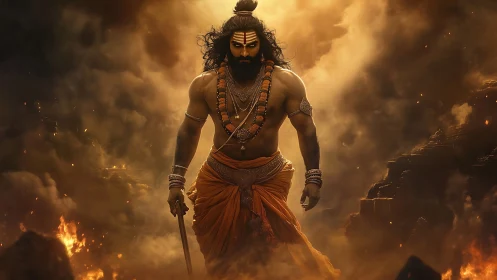 Mythic warrior strides through inferno with blazing resolve.