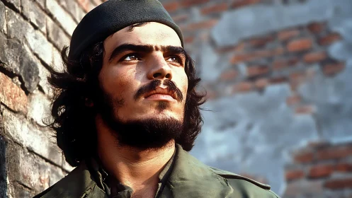 Thoughtful young man in military attire gazes past brick wall