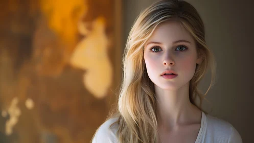 Soft light portrait with blonde woman and warm bokeh background.