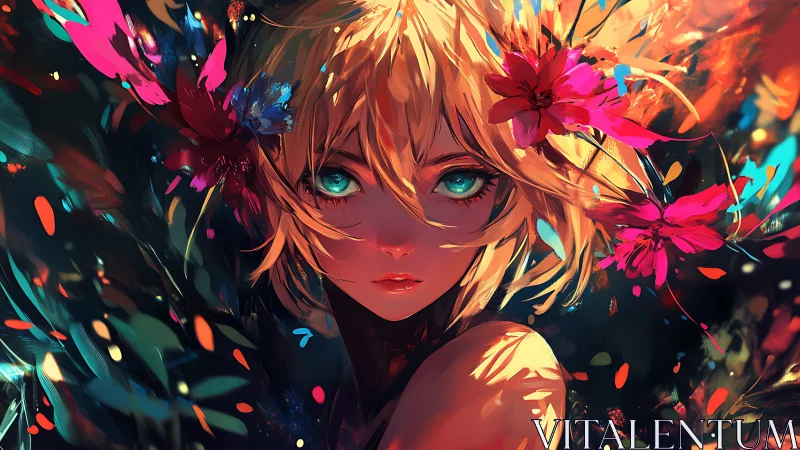 Digital portrait of blonde figure with vivid floral elements.