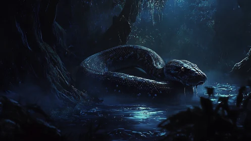 Giant serpent coils in moonlit swamp under dense jungle canopy