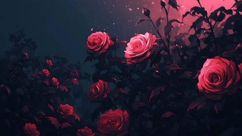 Digital rendering of red roses with dark foliage and atmospheric lighting effects.