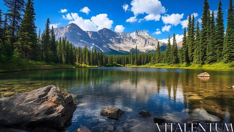 Mountain lake reflects pine forest under vivid summer sky