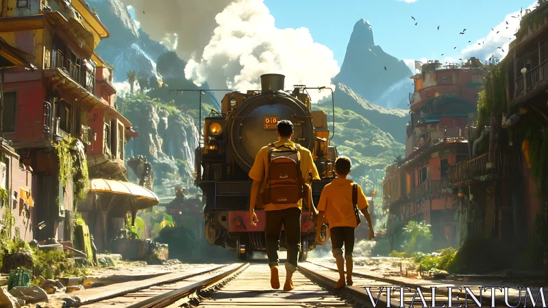 Cinematic father and son walking toward retro locomotive at dawn