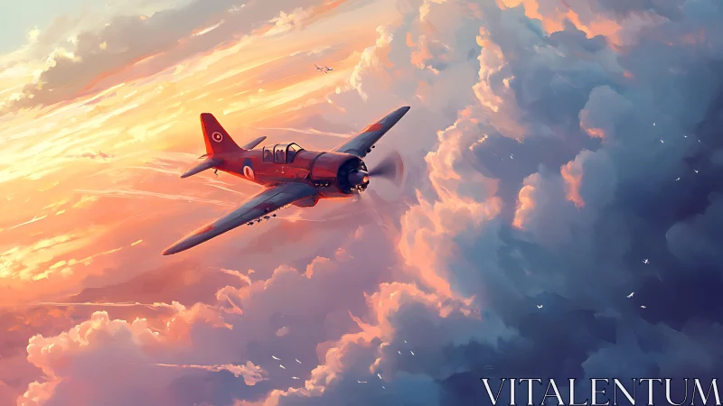 Sunset flight study with vintage aircraft in painterly clouds.