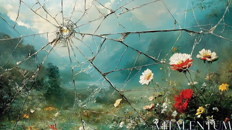 Shattered window framing gentle mountains and wildflowers.