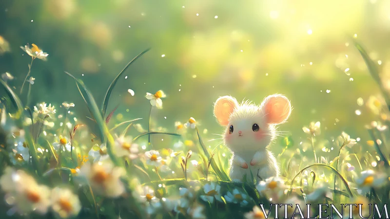 Backlit fluffy field mouse in shallow-focus spring meadow