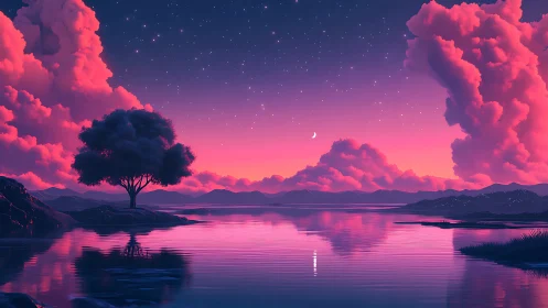 Twilight clouds drink starlight above a neon stillwater dream