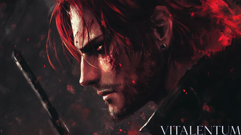 Scarred warrior lowers his blade and gathers quiet resolve