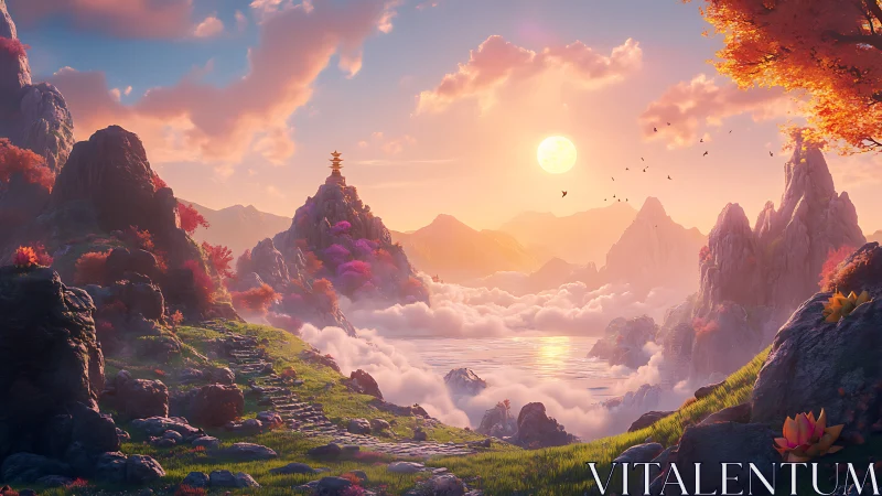 Sunlit pagoda above cloud sea in stylized fantasy valley.