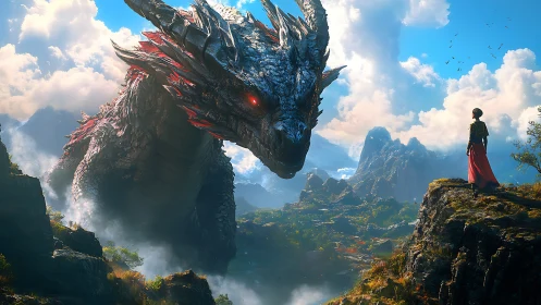 Quiet mountain standoff between a colossal dragon and hero.