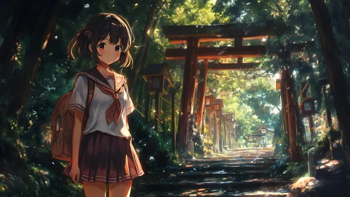 Schoolgirl on forest shrine path under layered torii gates