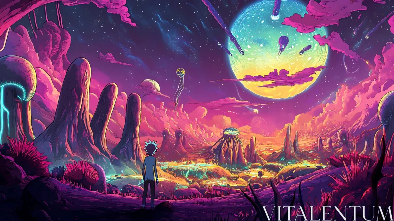 Vibrant alien valley under oversized luminous planet in neon palette
