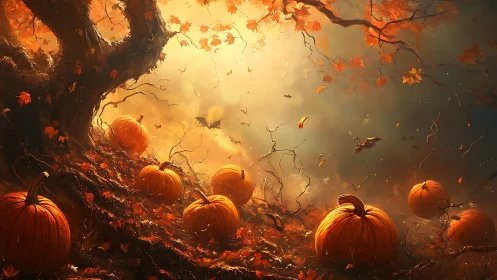 Pumpkin hillside under swirling autumn leaves at dusk.