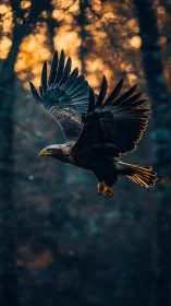 Evening light welcomes a soaring eagle in peaceful flight