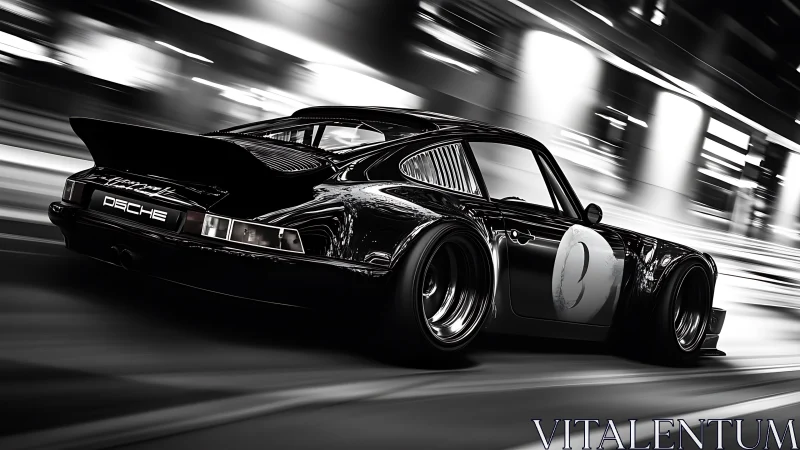 Midnight racer streaks through neon streets in chrome thunder.