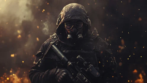 Heavily armed soldier in gas mask amid burning embers.