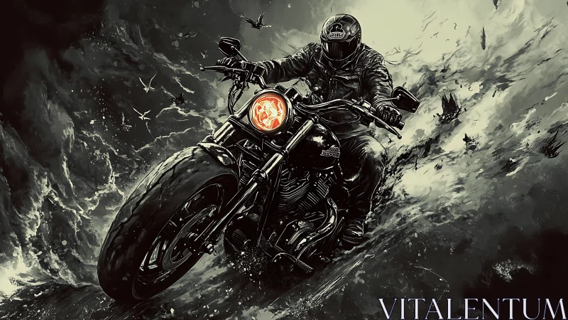 Storm-chasing rider carves molten light through swirling night