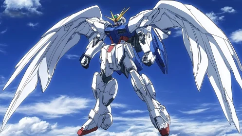 Winged mecha guardian soaring gently across blue skies.