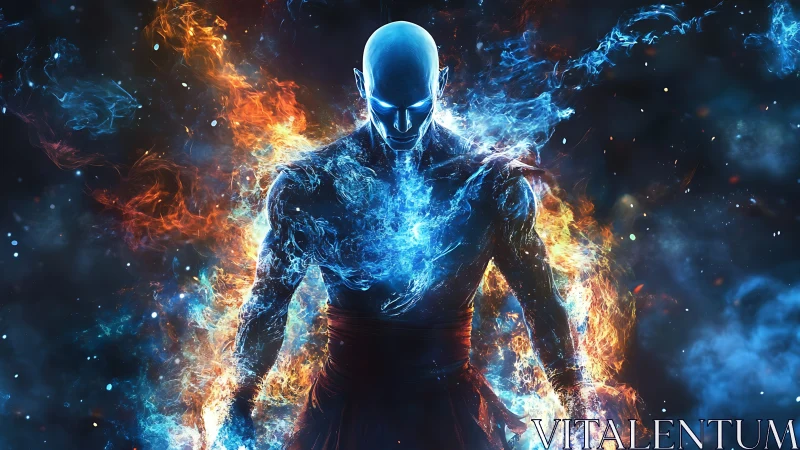 Humanoid figure is rendered with opposing fire and ice effects
