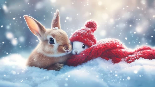 Snow-kissed bunnies snuggle in scarlet winter magic.
