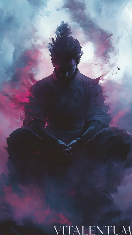 Silhouetted warrior meditating in magenta and cyan vapor field